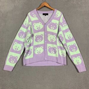 Teddy Fresh Cardigan Sweater Women's Medium Mint/Purple‎ Check Bear Button Front